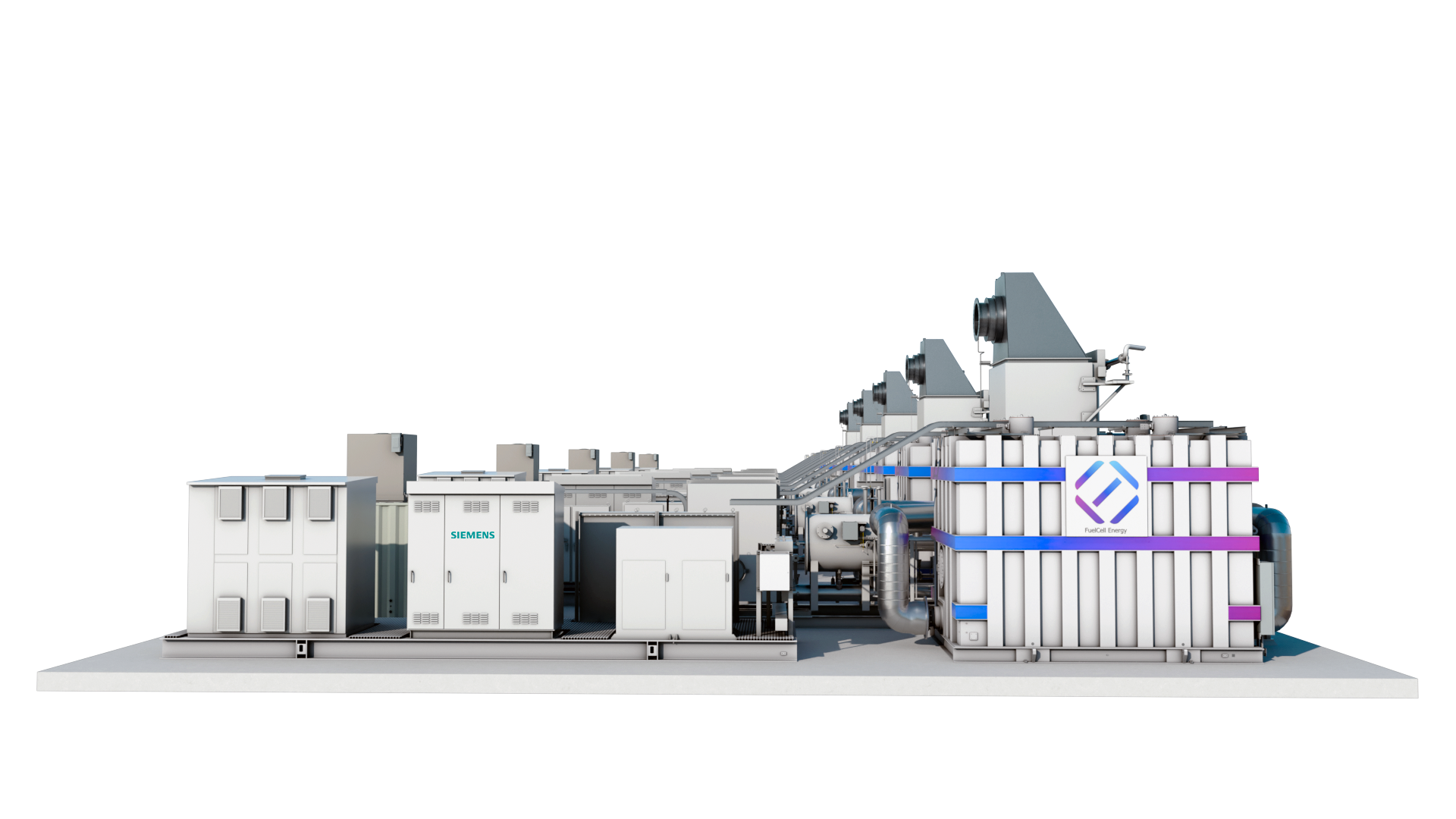 Supplied illustration of Siemens electrical equipment alongside a FuelCell Energy fuel cell installation.
