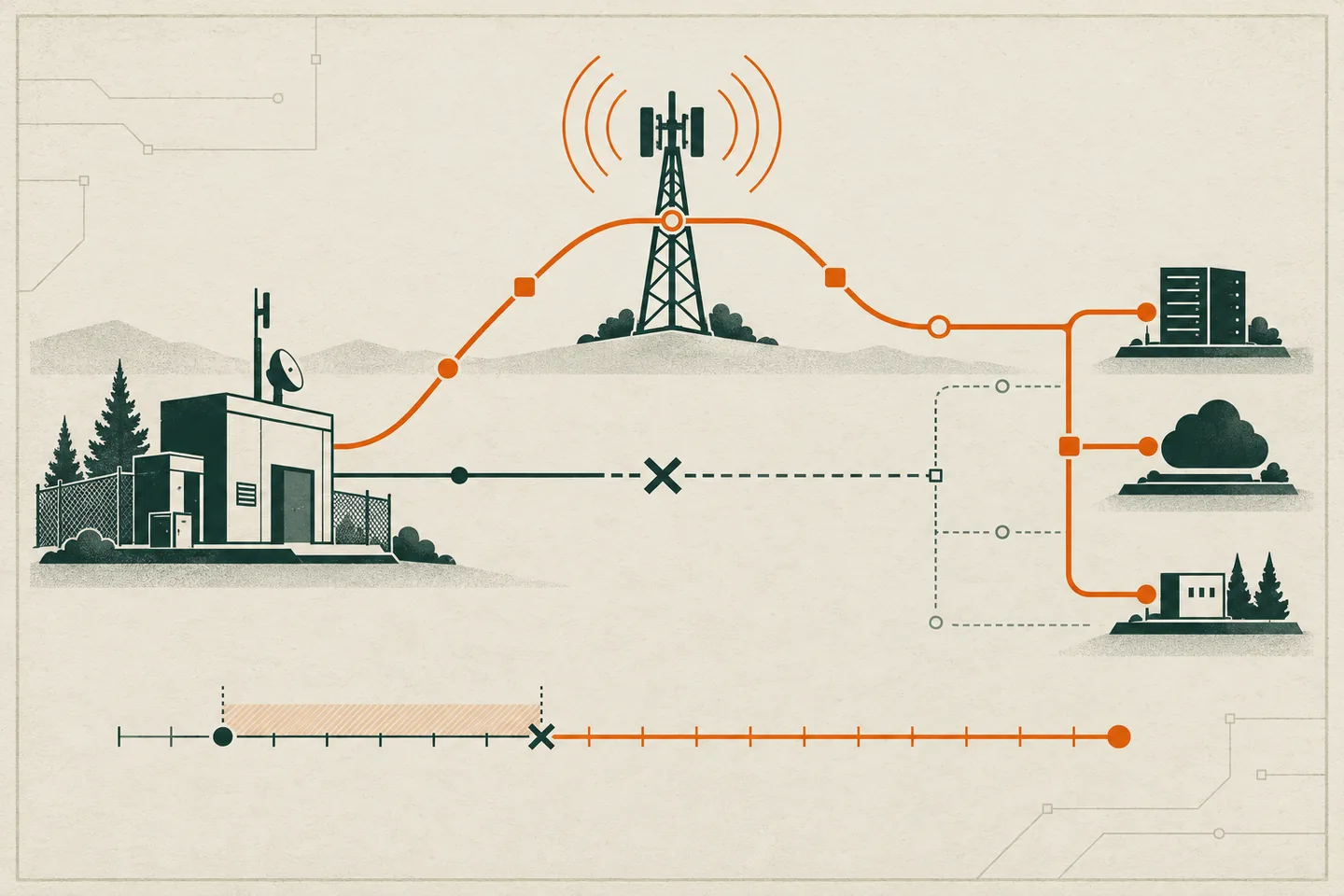Evergreen critical-site building linked to remote services by an orange cellular backup route above a broken primary connection, with a test timing scale below.
