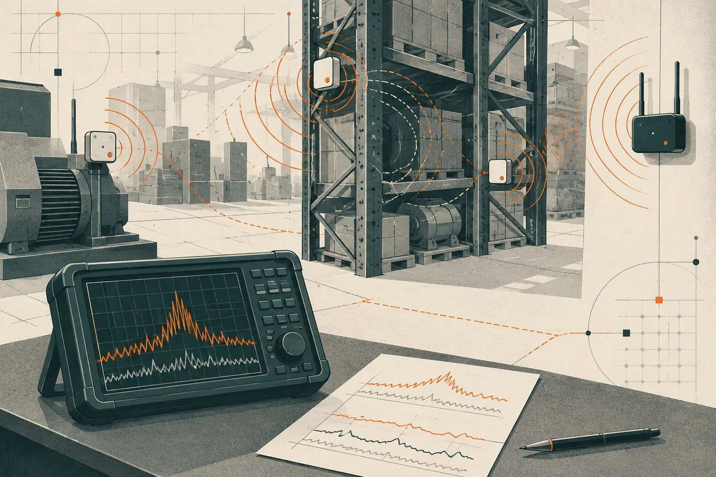 Evergreen and orange illustration of radio signals crossing factory racks, with a spectrum analyzer and comparison traces on a paper worksheet.