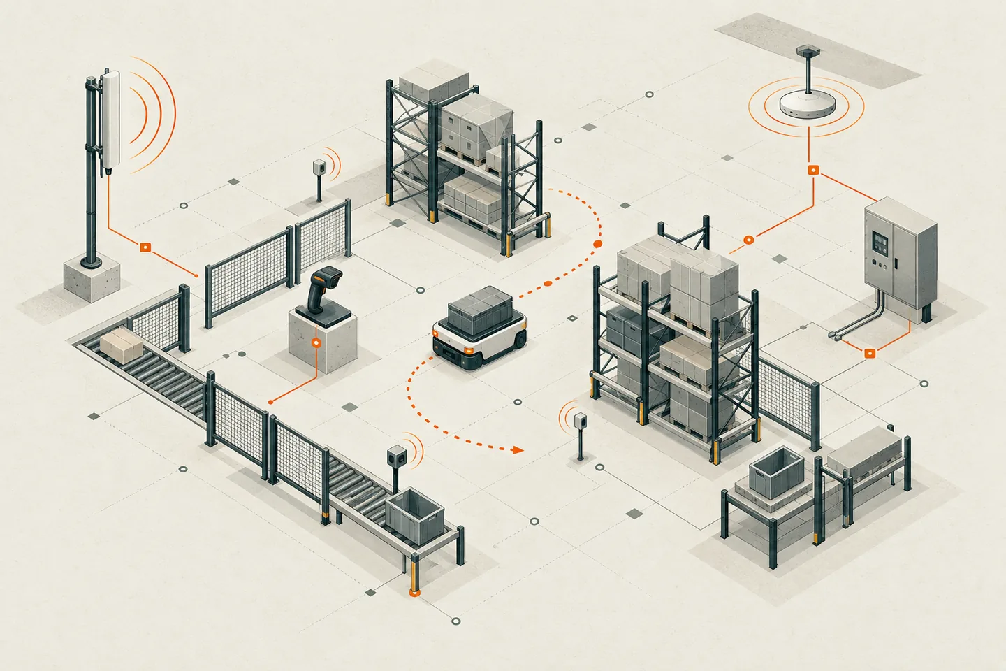 Isometric illustration of an industrial wireless test floor with cellular and Wi-Fi radio units, a mobile cart, scanner and sensors connected by orange signal traces.